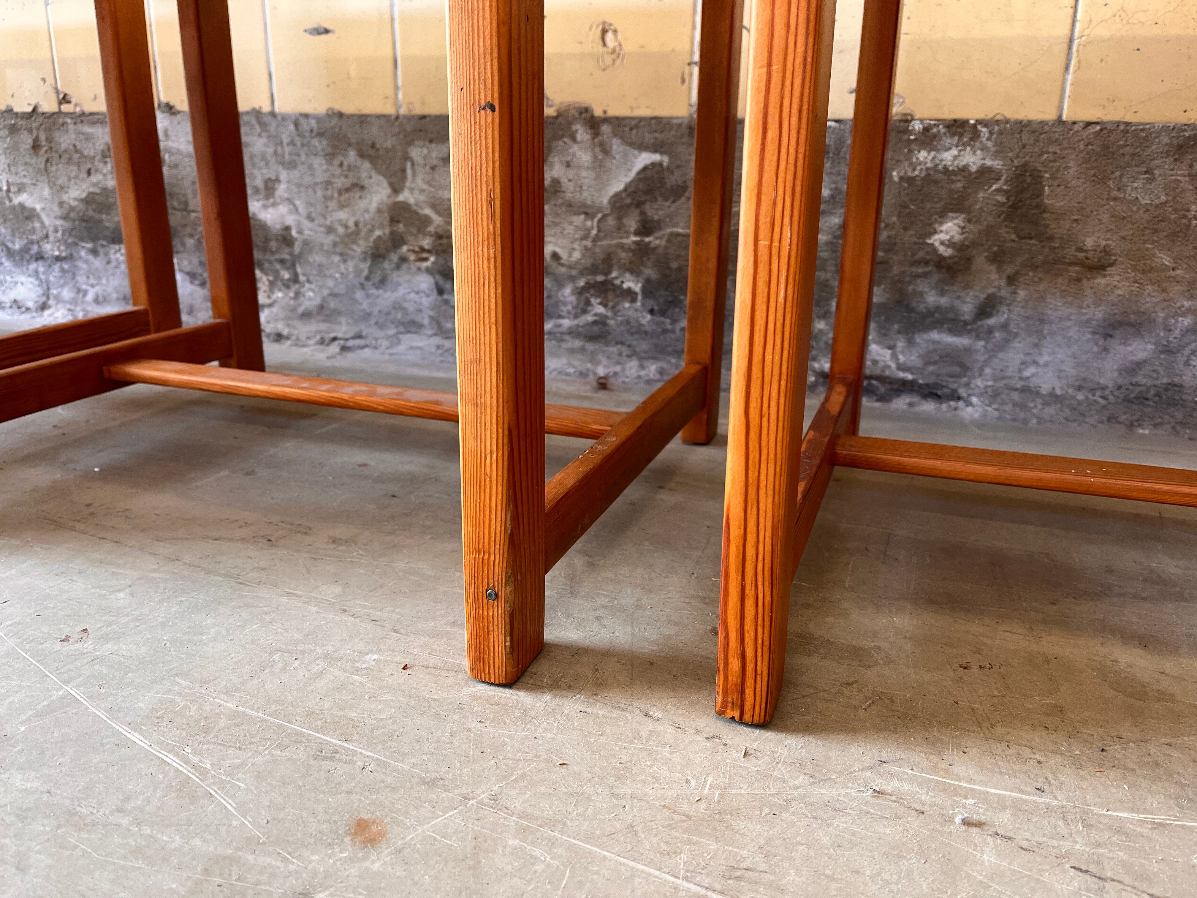 Set of six brutalist dining chairs in pine