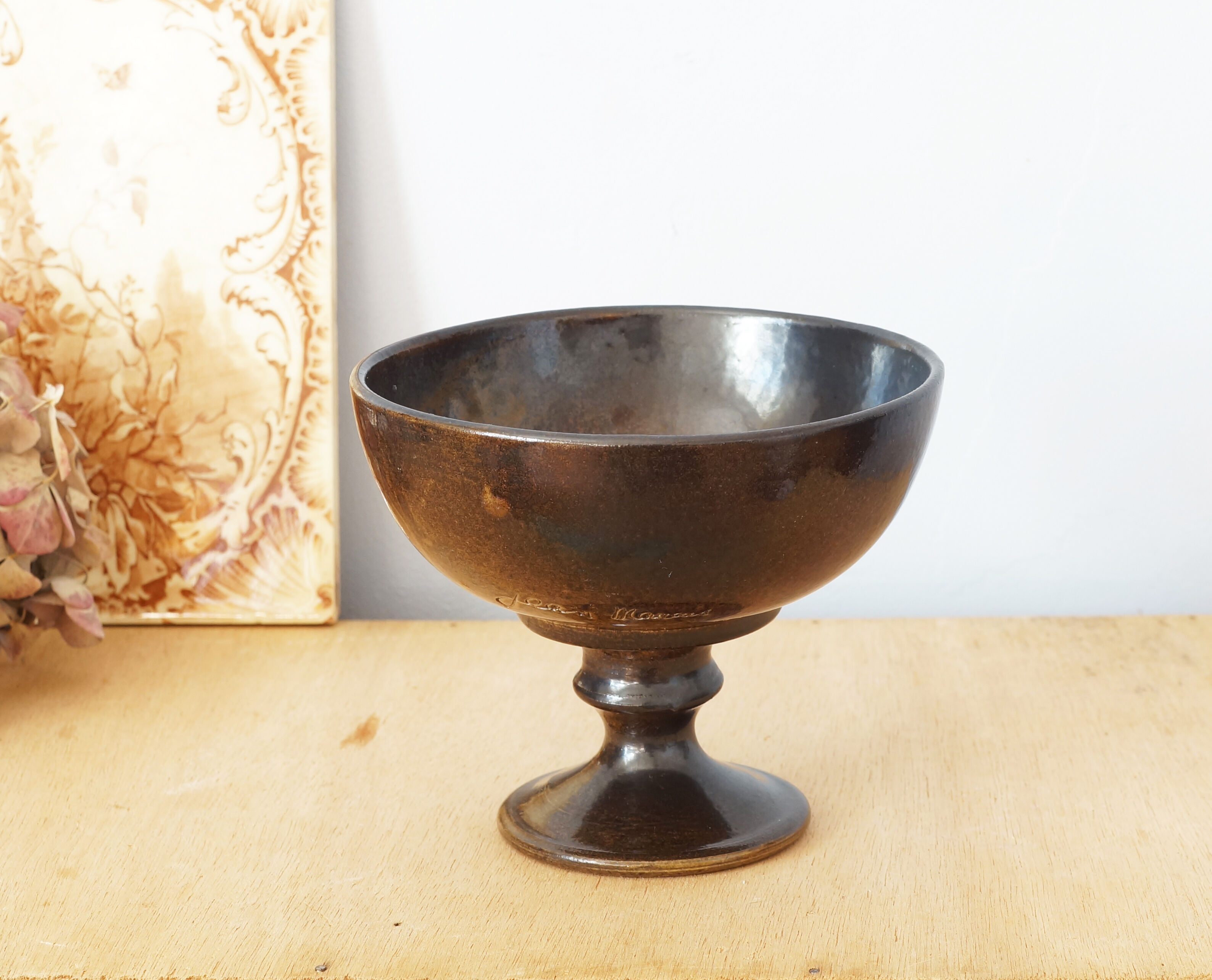 Brown cut on glazed ceramic pedestal signed Jean Marais, 70s