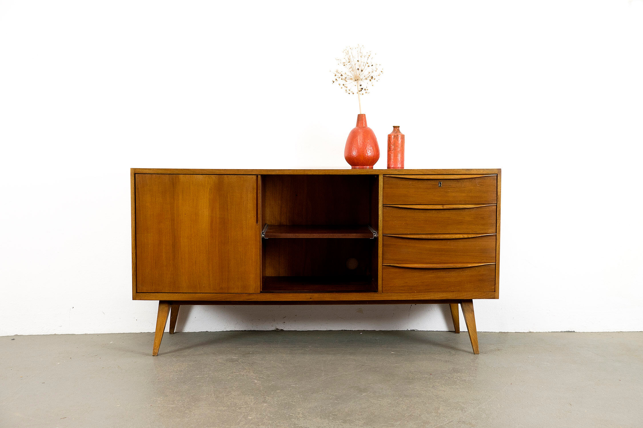 Midcentury Walnut Sideboard with sliding doors and drawers, 1950s
