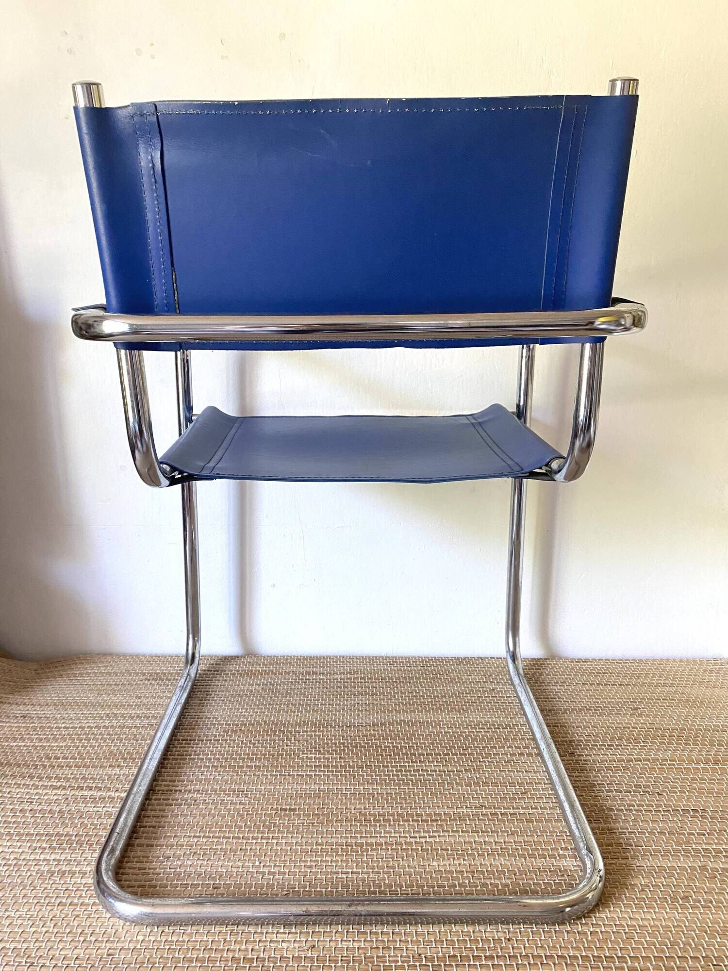 Office chair in blue imitation leather and chrome metal, Matteo Grassi style