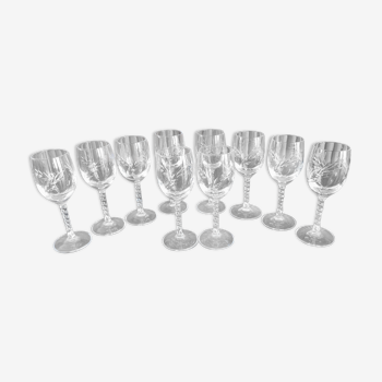 Lot 10 glasses with crystal liquor cut twisted foot Epis Cristal d'Arques