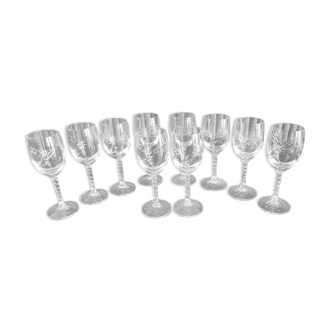 Lot 10 glasses with crystal liquor cut twisted foot Epis Cristal d'Arques