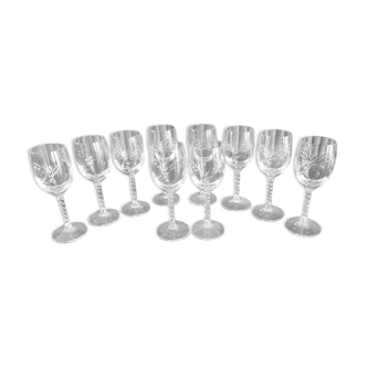 Lot 10 verres à liqueur cristal taillé pied torsadé epis cristal d'arques