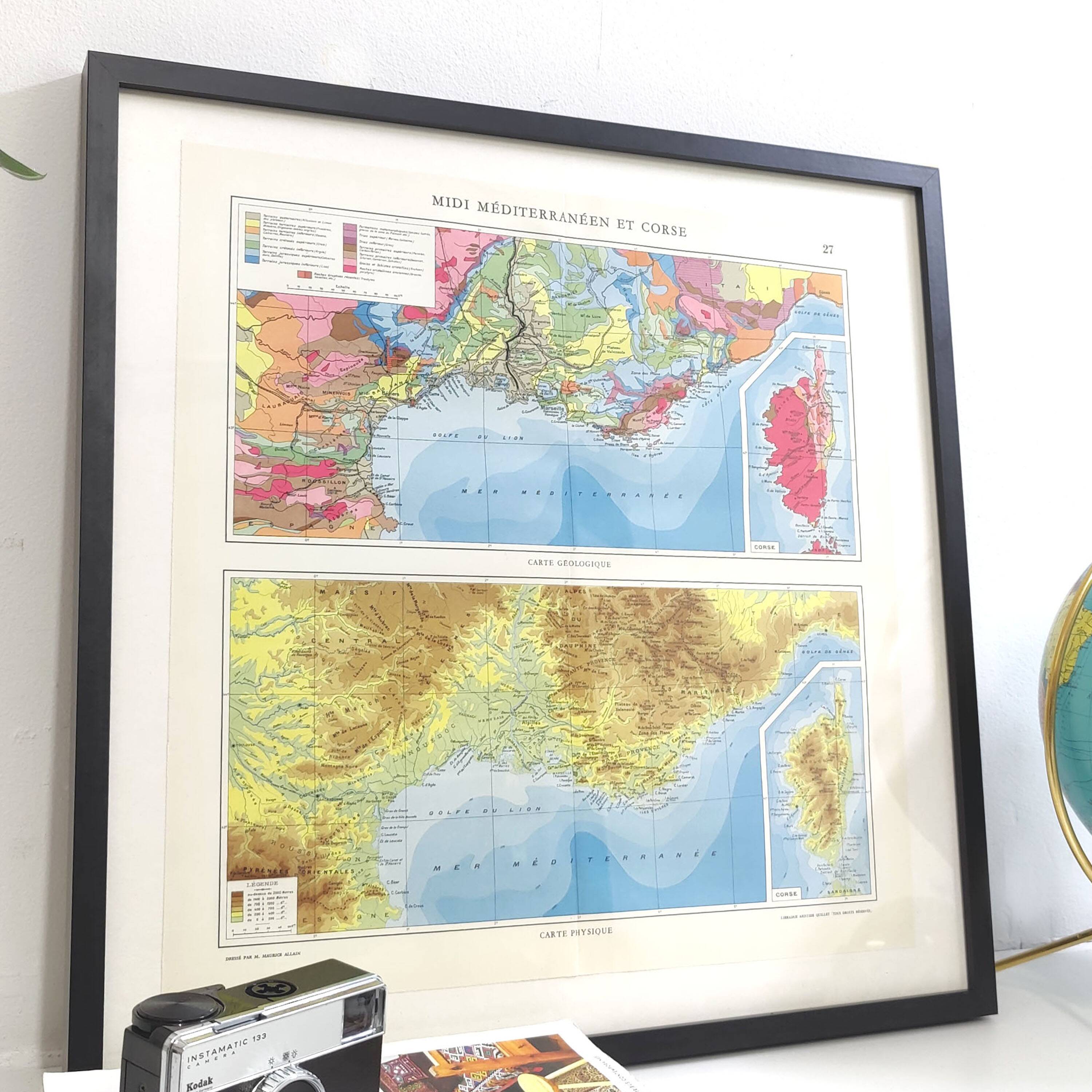 Corsica and southern Mediterranean France vintage map 43x43cm from 1950