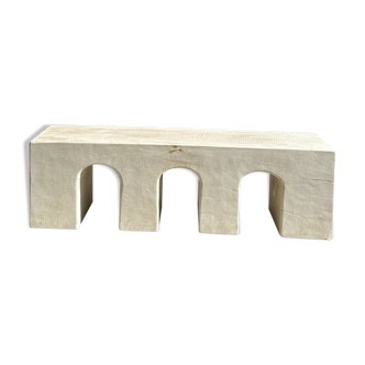 Bench in solid monoxyl wood, carved base in 3 arches - White color