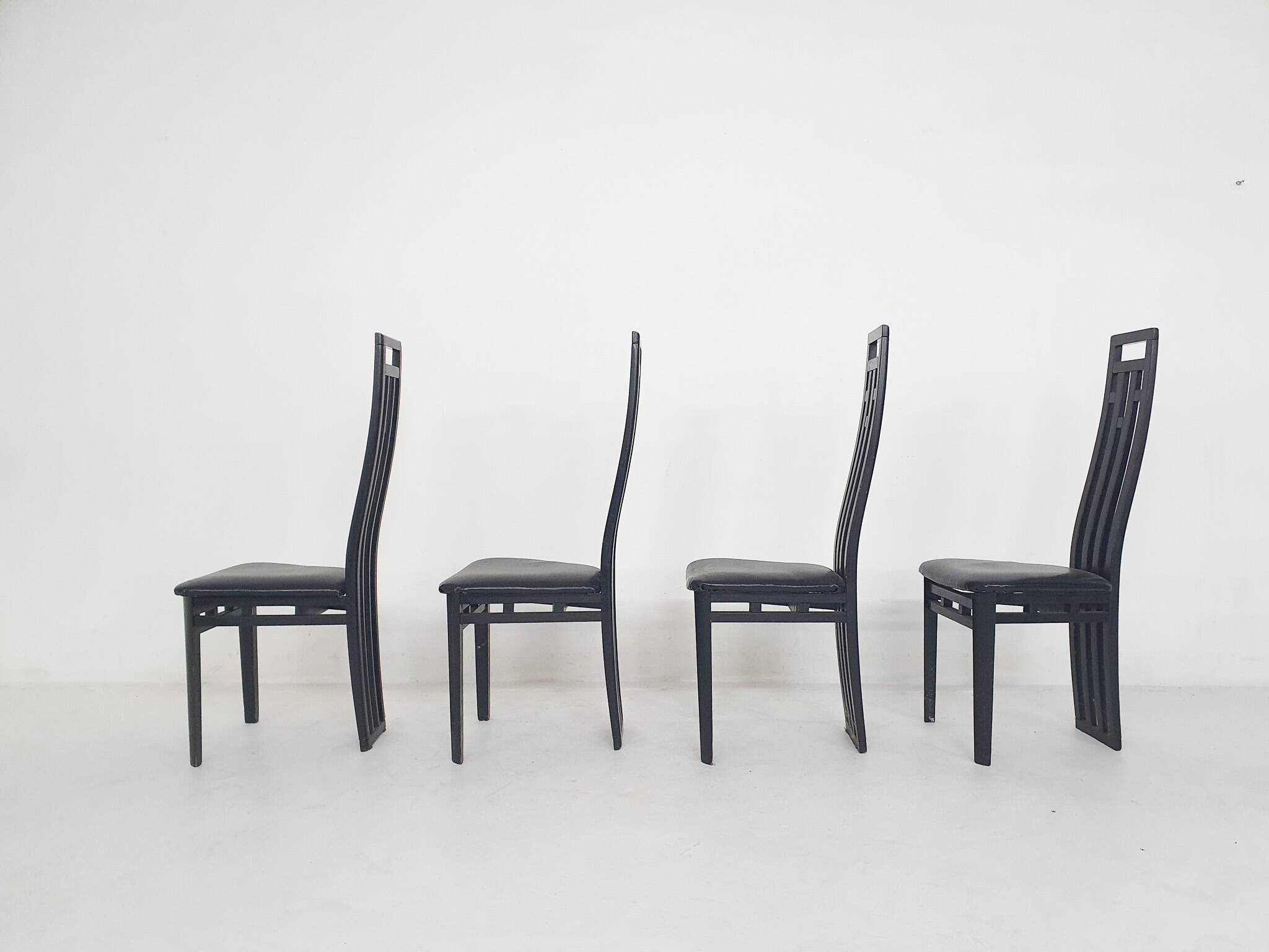 Antonio Sibau black leather dining room chairs, Italy 1980's
