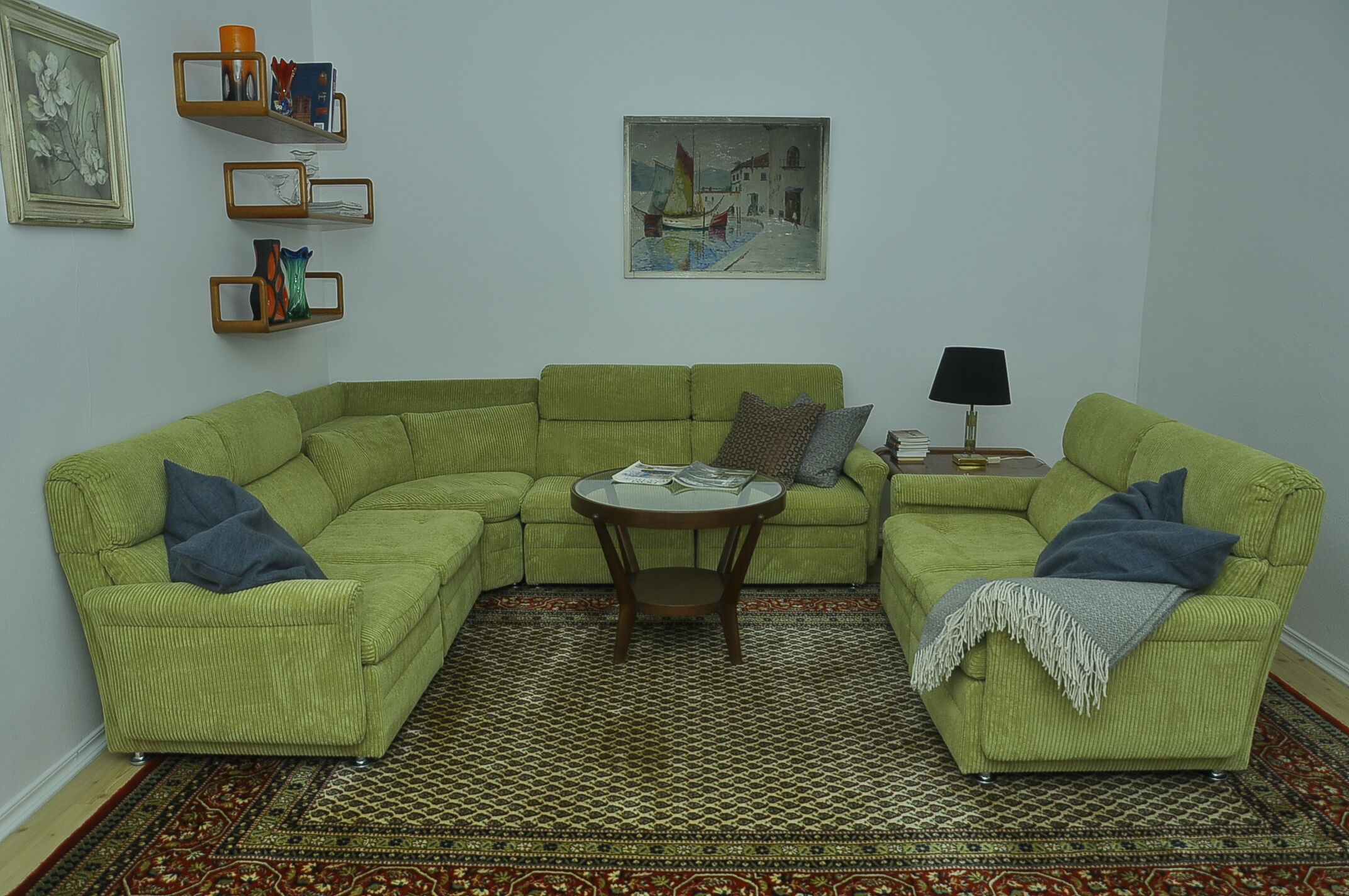 Green corduroy modular sofa from the 70s, 7 pieces