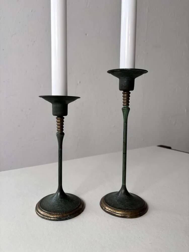 Set of two green bronze Italian candlesticks from the 1980s.