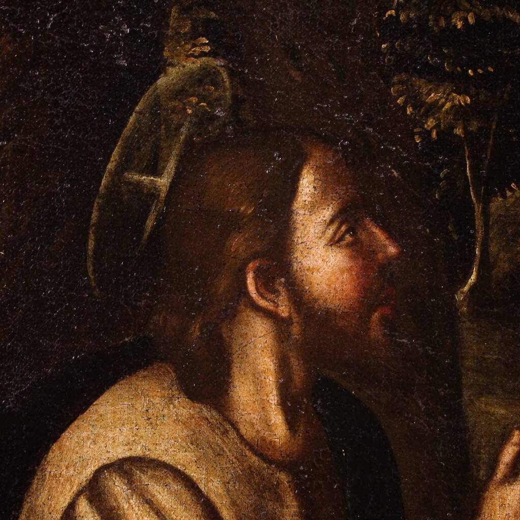 Peinture italienne antique Le Christ et la Samaritaine au puits