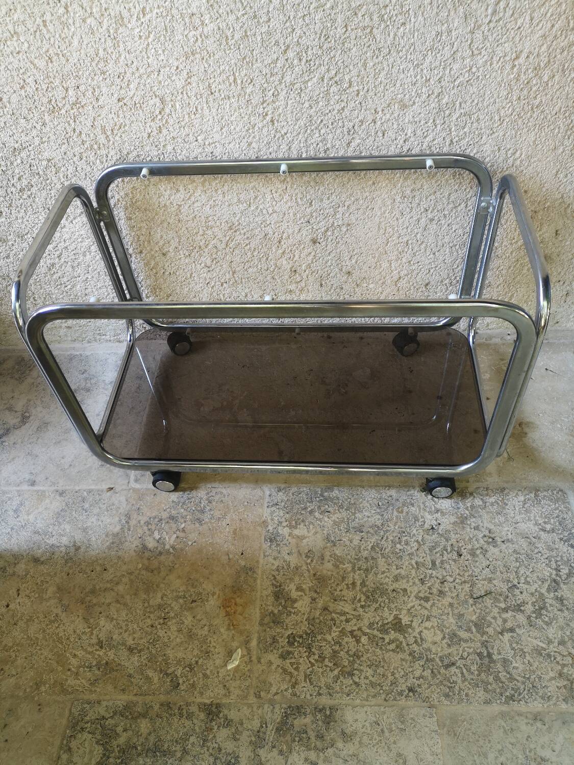 Trolley, hifi table. Smoked silver metal glass 60's