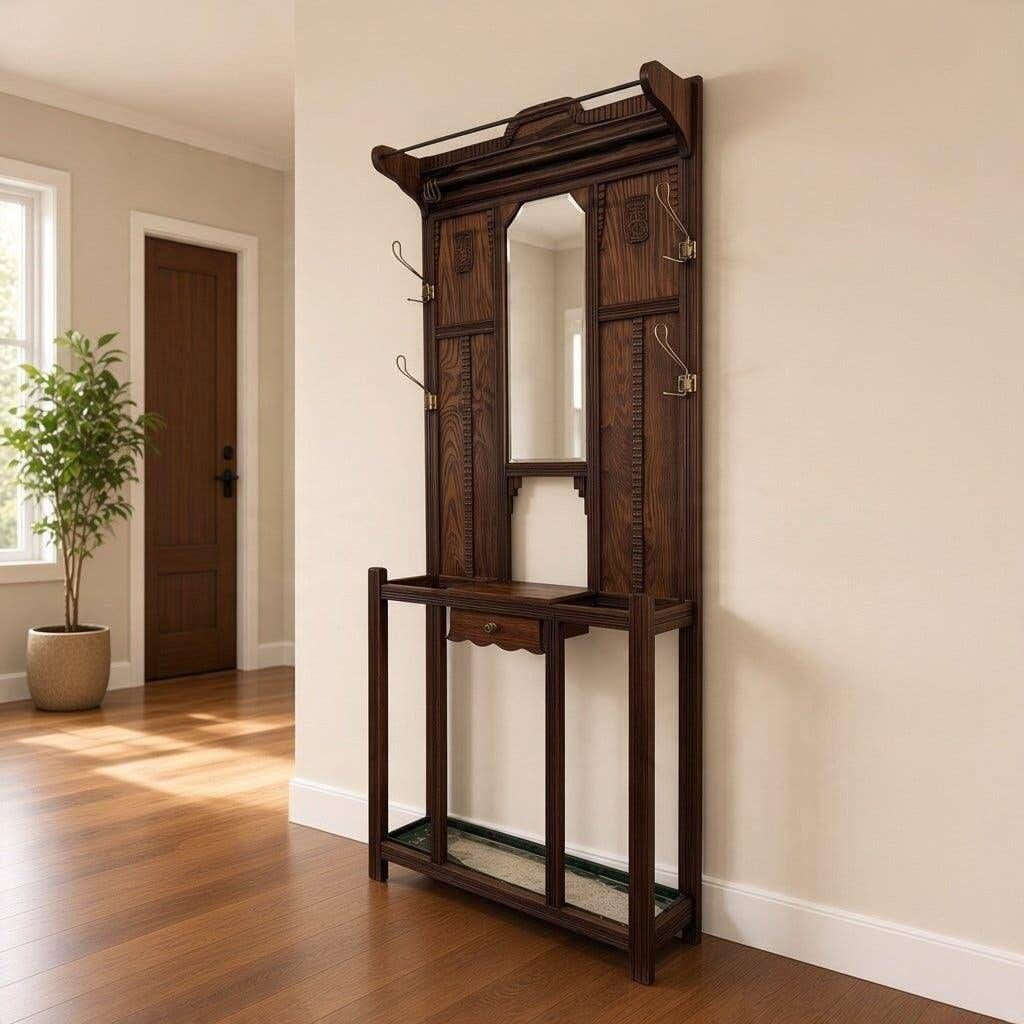 Vintage wooden coat rack with mirror.