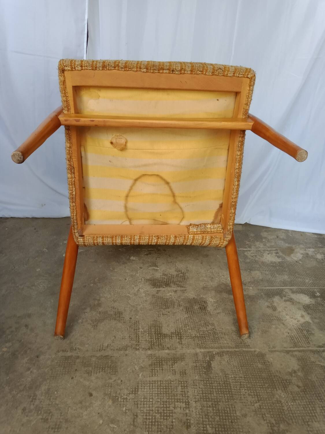 60s wood and fabric armchairs