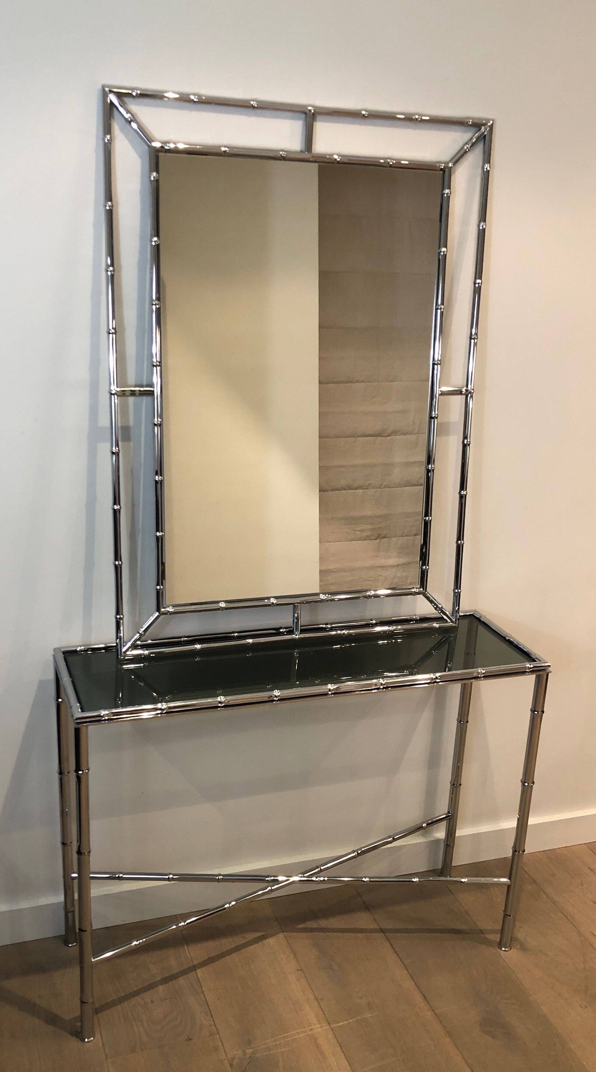 Console and chrome faux-bamboo mirror