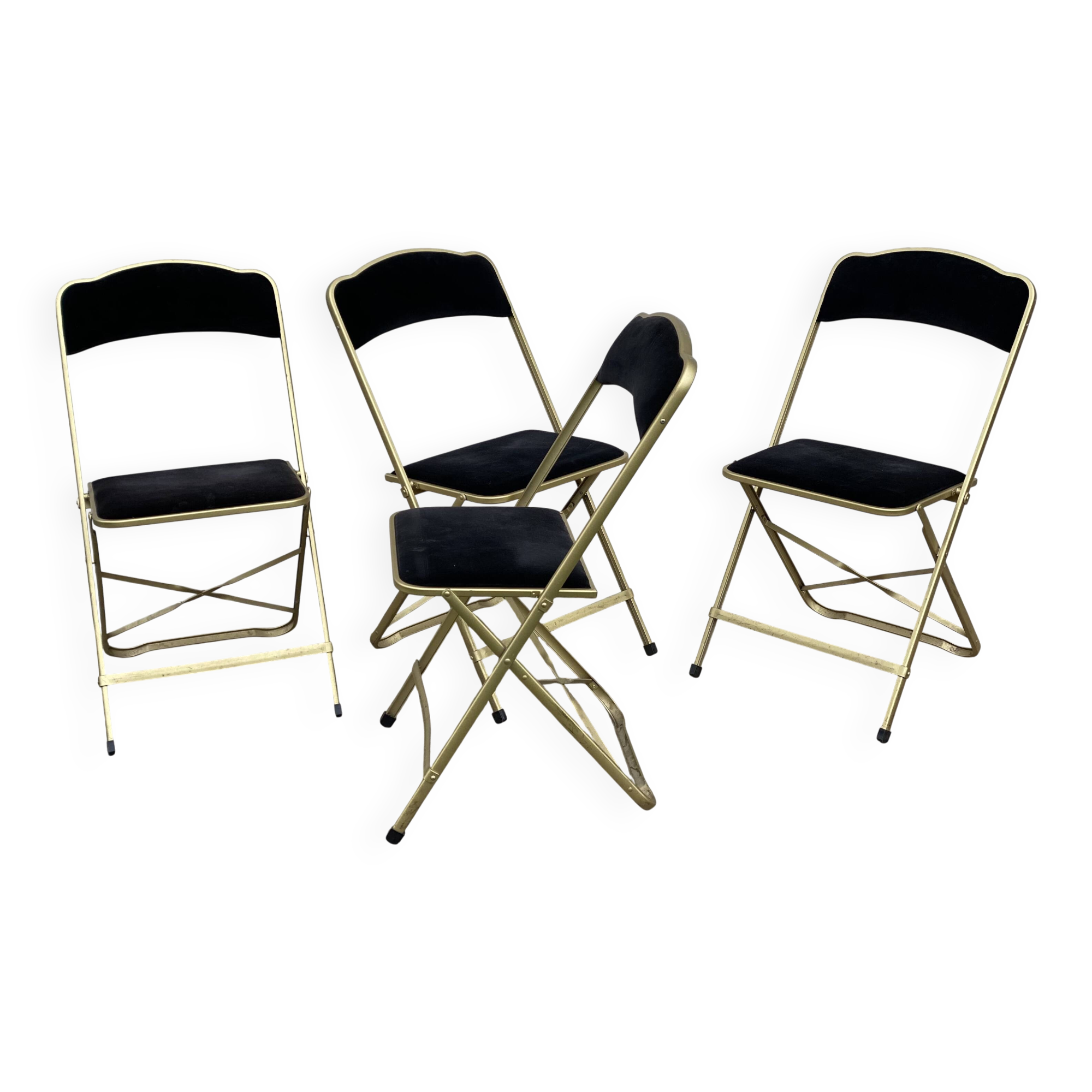 Set of 4 vintage 1950s chaisor folding chairs in gold and black.