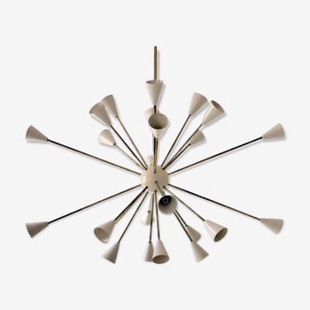 Chandelier Sputnik 24-arm brass and white-ivory lacquered metal