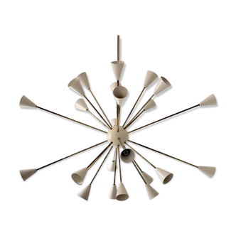 Chandelier Sputnik 24-arm brass and white-ivory lacquered metal