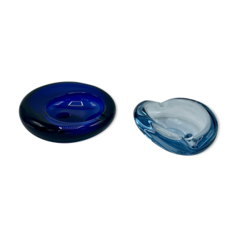 Two blue glass ashtrays, Holmegaard, Denmark 1960's