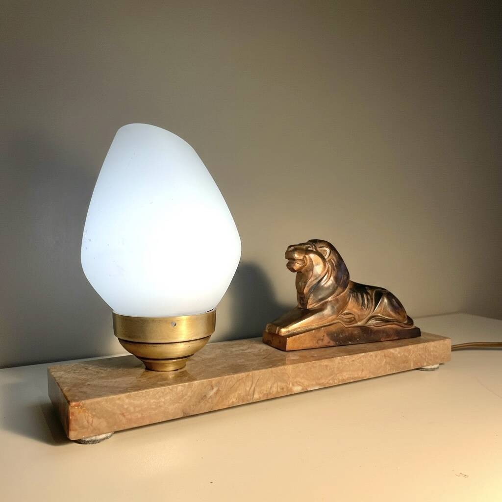 Art Deco lamp with marble, opaline globe & lion sculpture in spelter