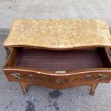 Curved Louis XV chest of drawers in marquetry and beige marble