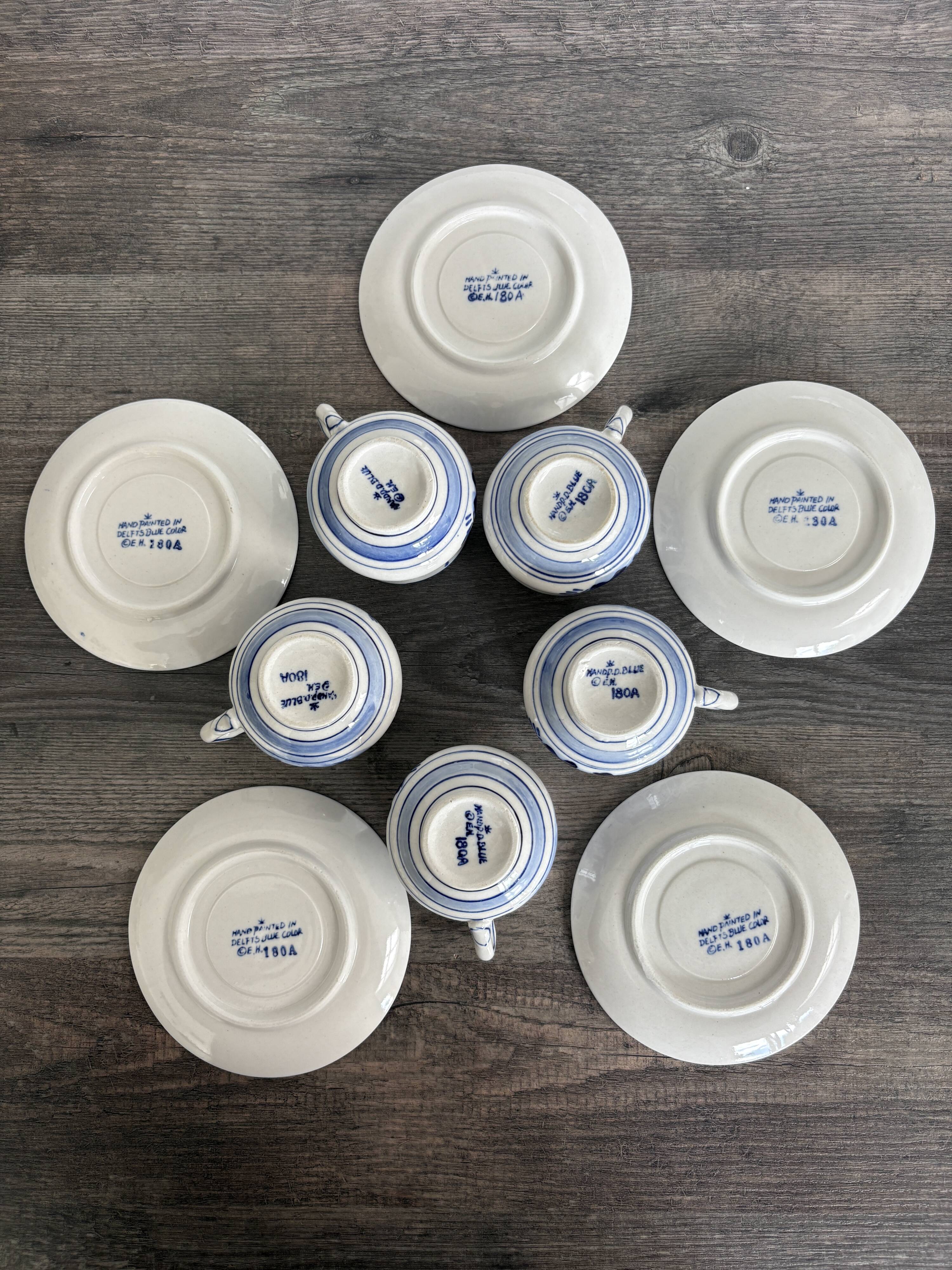 Vintage Dutch Delft Blue earthenware service for 5 cups and saucers.