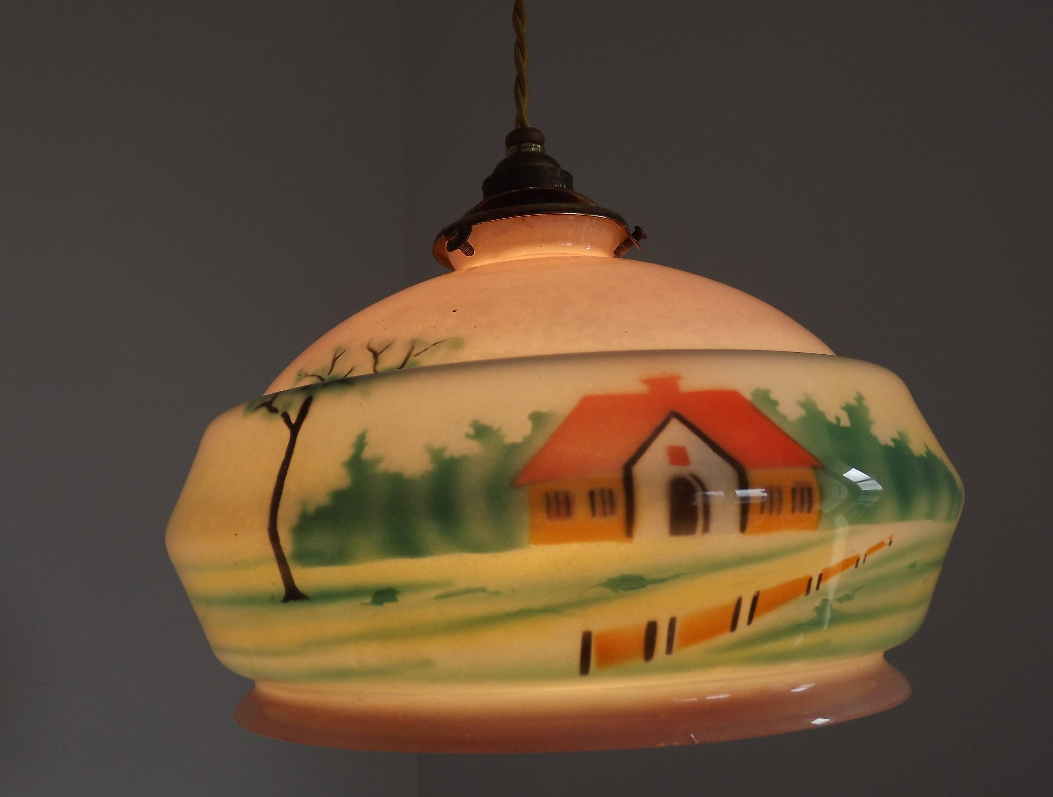 French Art Deco Pink & Cream Pendant Light with House and Tree Design