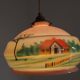 French Art Deco Pink & Cream Pendant Light with House and Tree Design