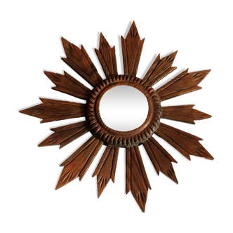 Sunburst mirror - space age - made of wood and glass, vintage from the 1970s