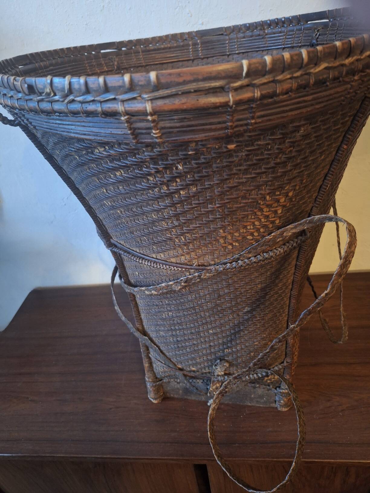 Antique Laos Khmu tribal hand woven carrying basket