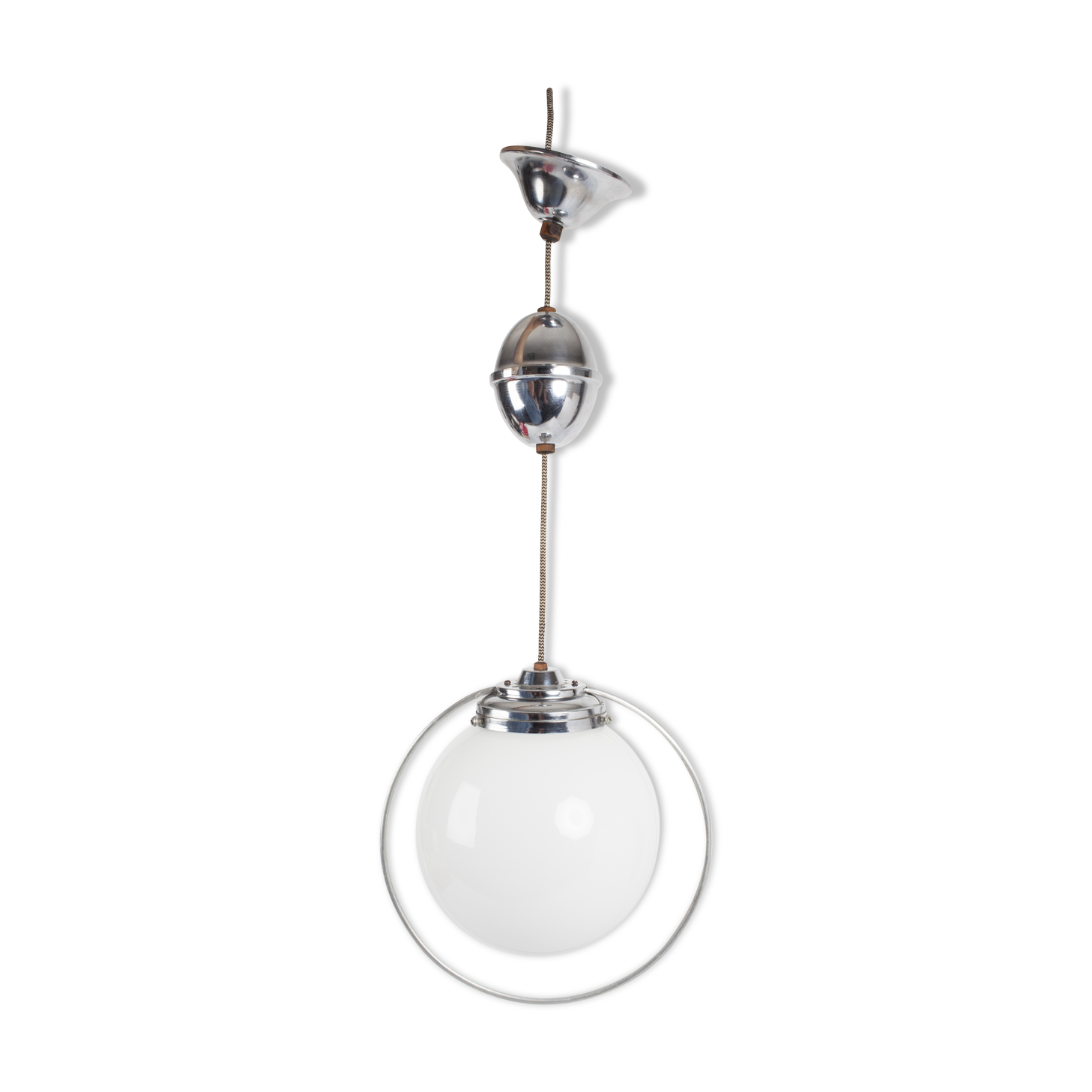 Hanging lamp up and down white opaline globe and aluminum chrome