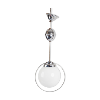 Hanging lamp up and down white opaline globe and aluminum chrome