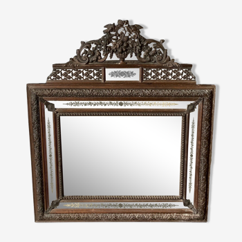 Miroir Napoleon III laiton, panier fleuri XIXe