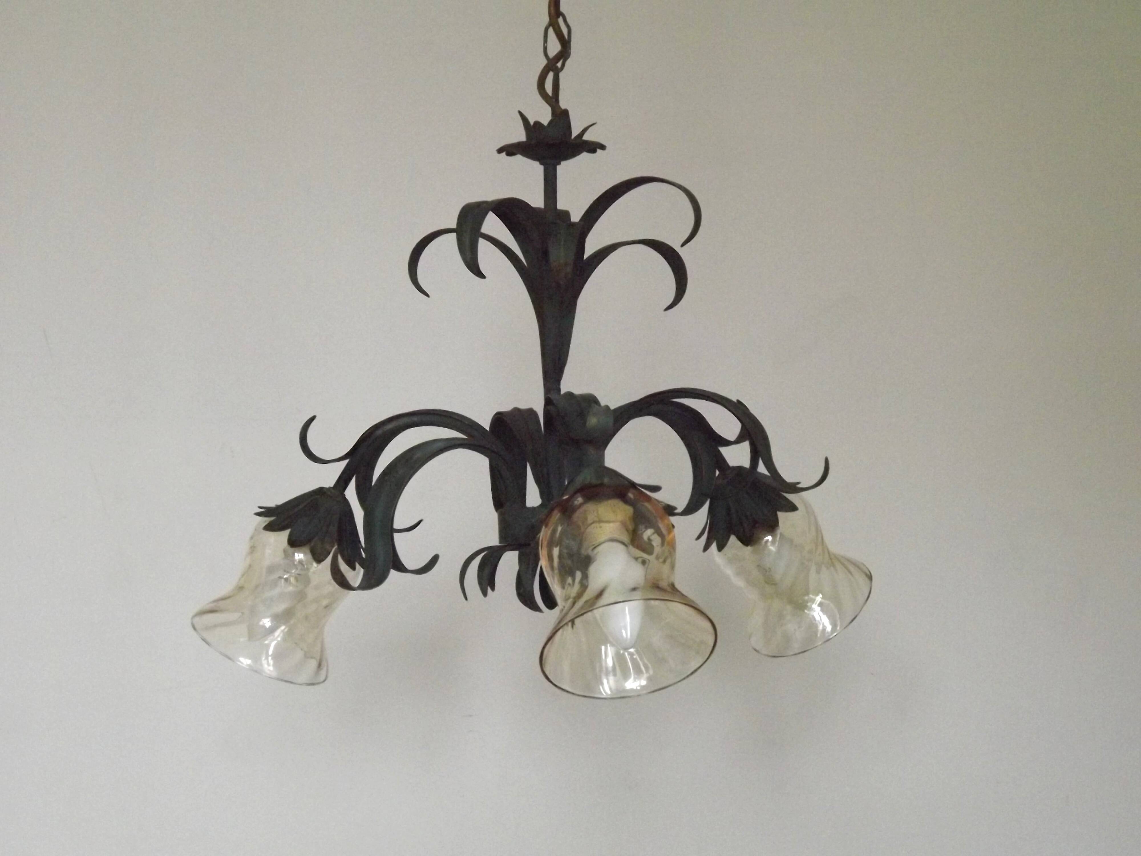 French vintage chandelier 3 lights green leaf amber glass 4966