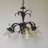 Vintage French Chandelier 3 Lights Green Leaves Amber Glass 4966