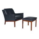Leather armchair and footstool by Kai Lyngfeldt-Larsen. Denmark 1960s