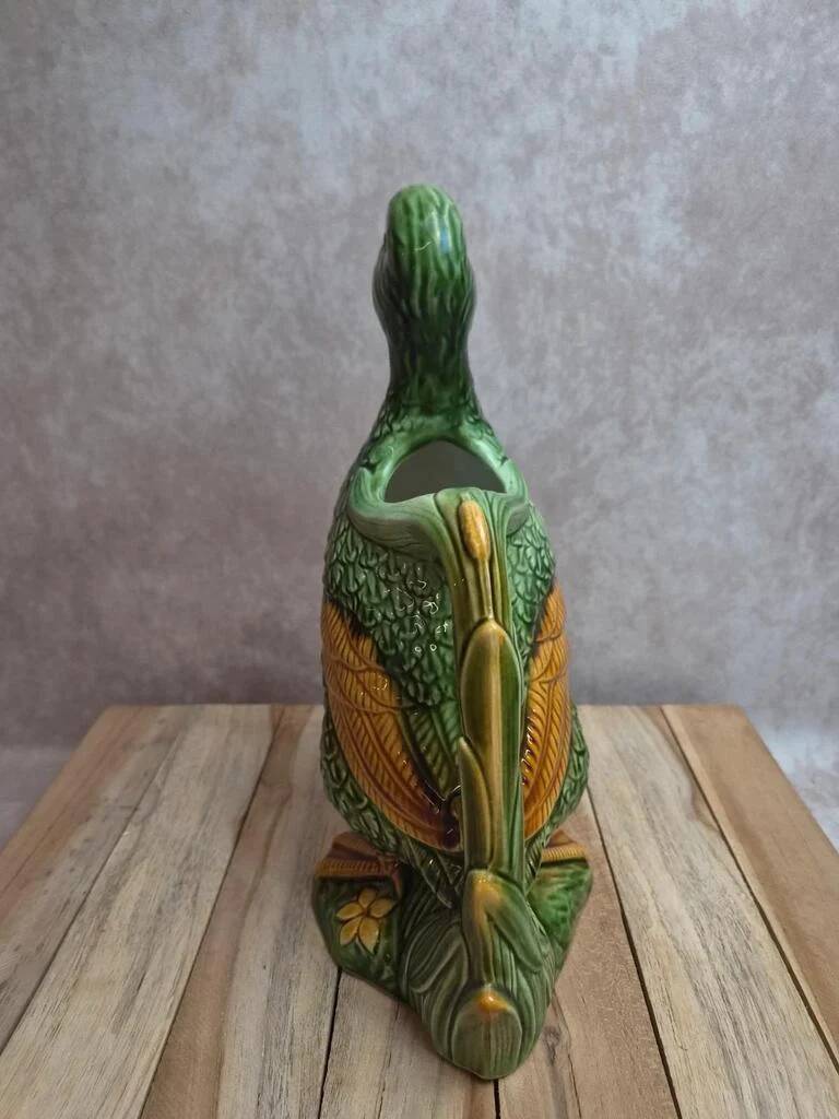 Large vintage duck jug in barbotine – green glazed earthenware – 29 cm
