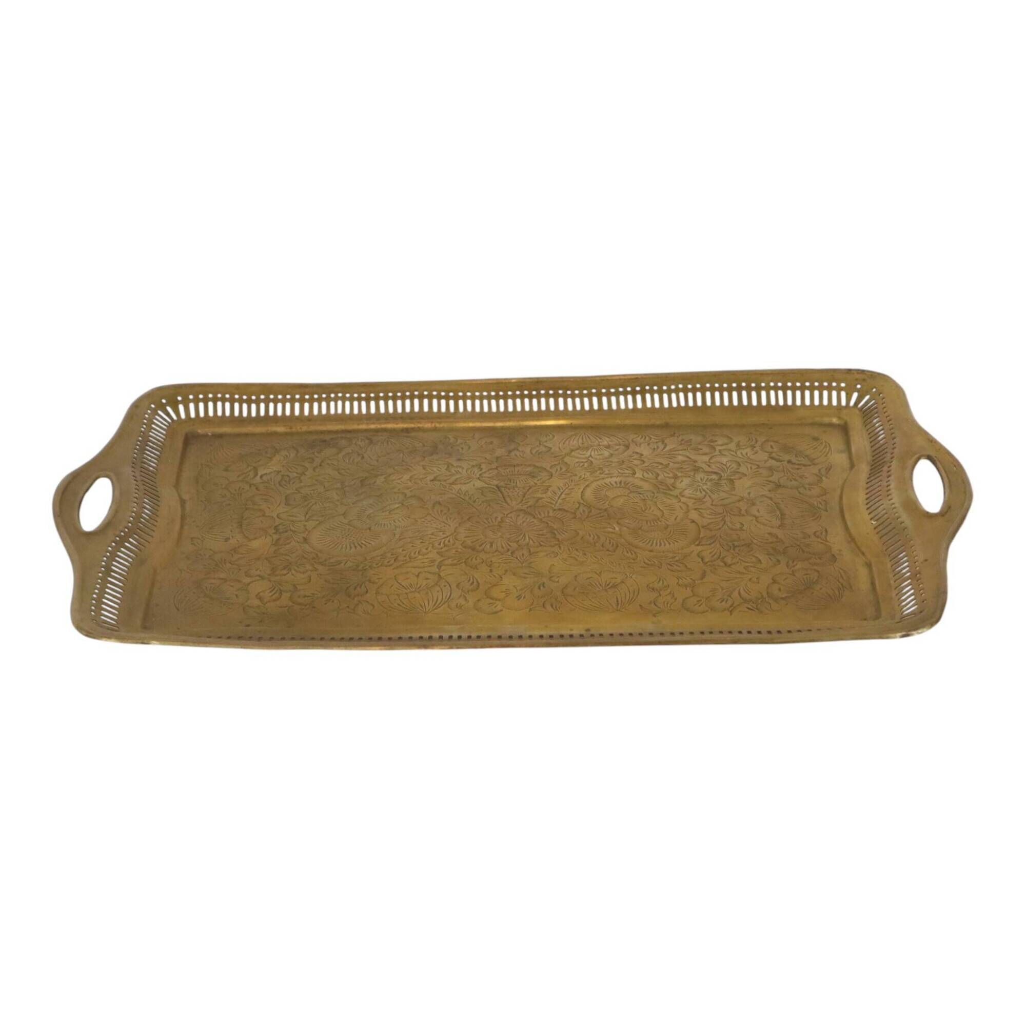 Vintage Oriental Brass Tray with Floral Decoration, 50 cm