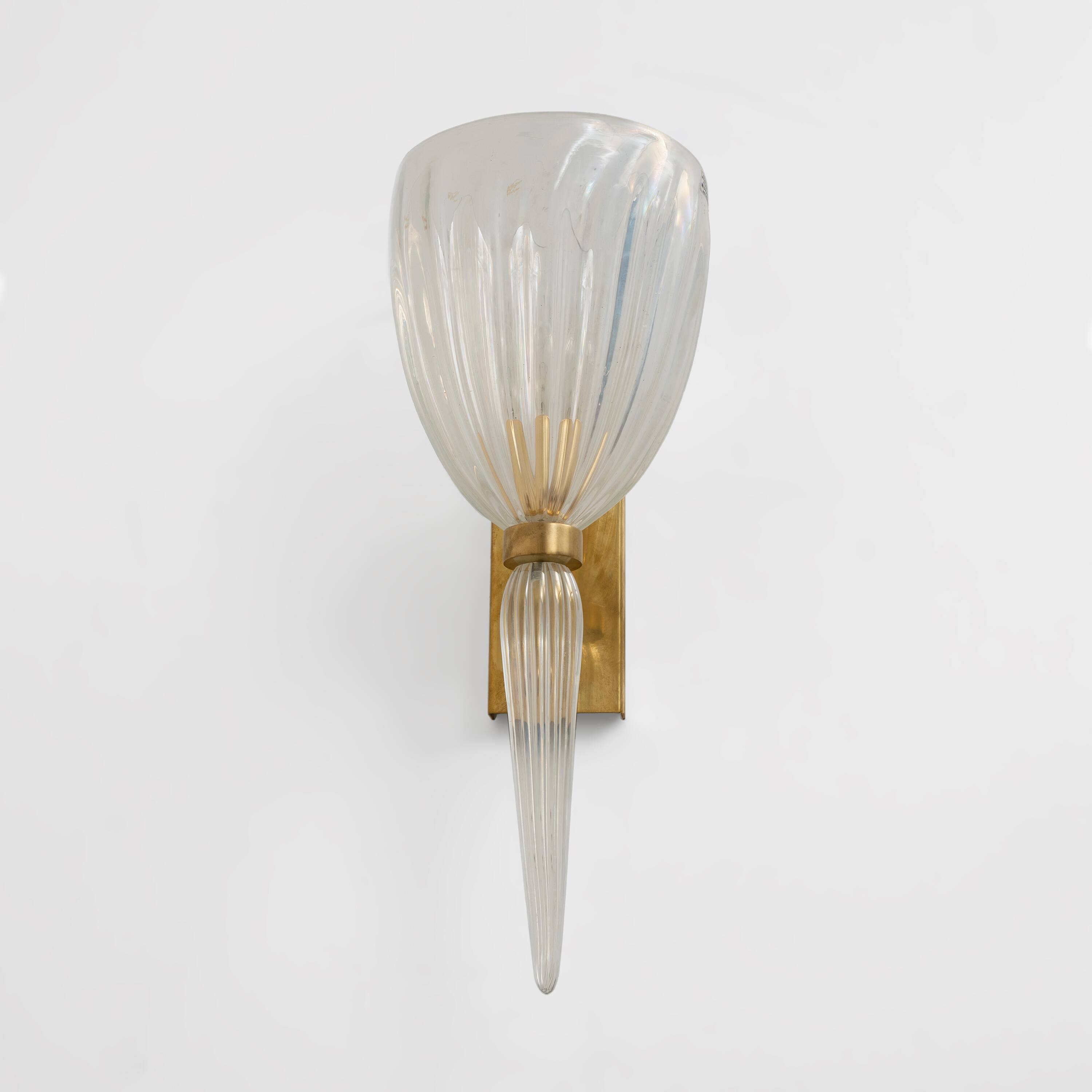 Pair of Italian Murano Iridescent Glass and Brass Wall Sconces