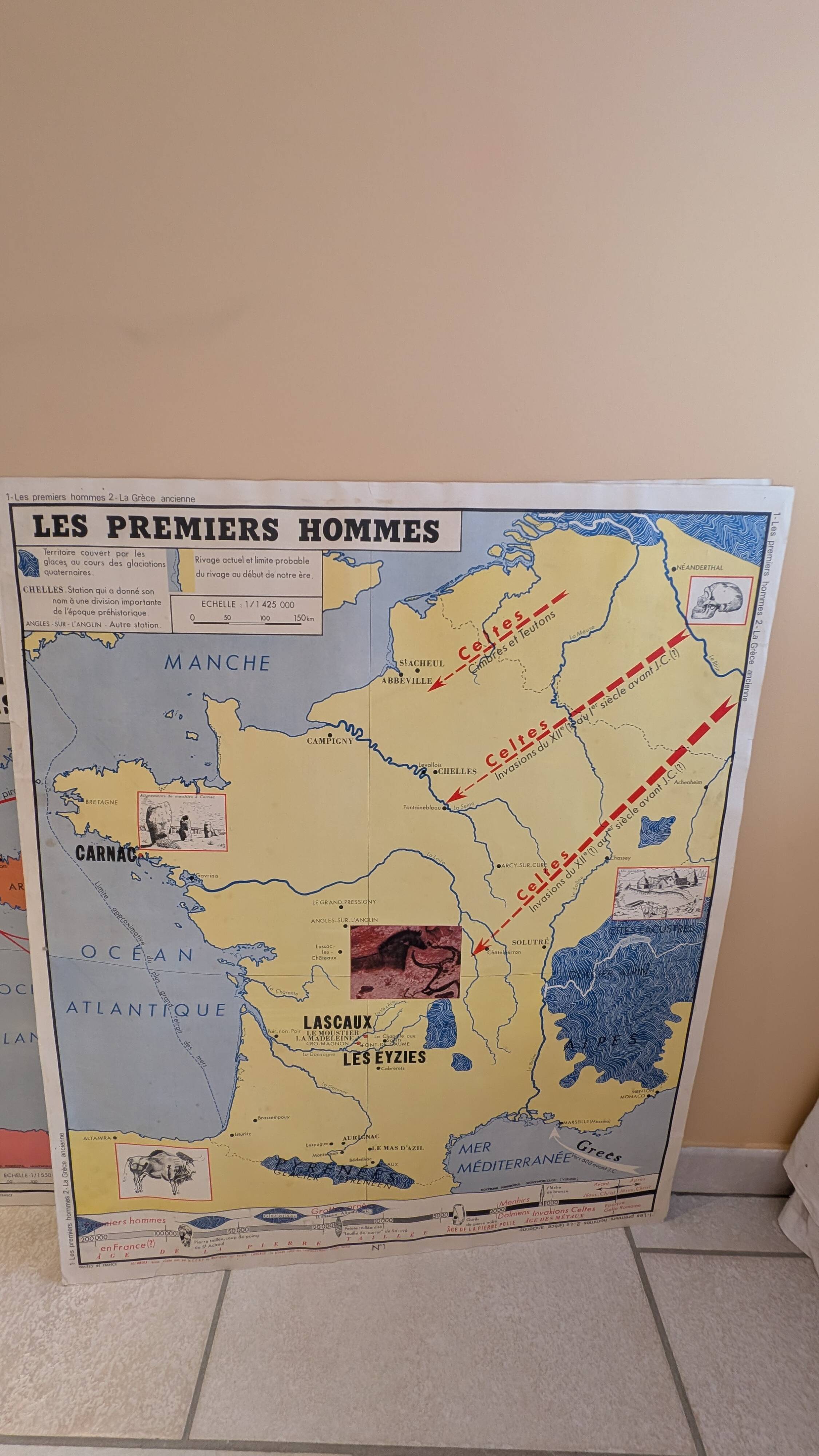 Set of 4 Vintage School Maps ROSSIGNOL Montmorillon + Wooden Frame