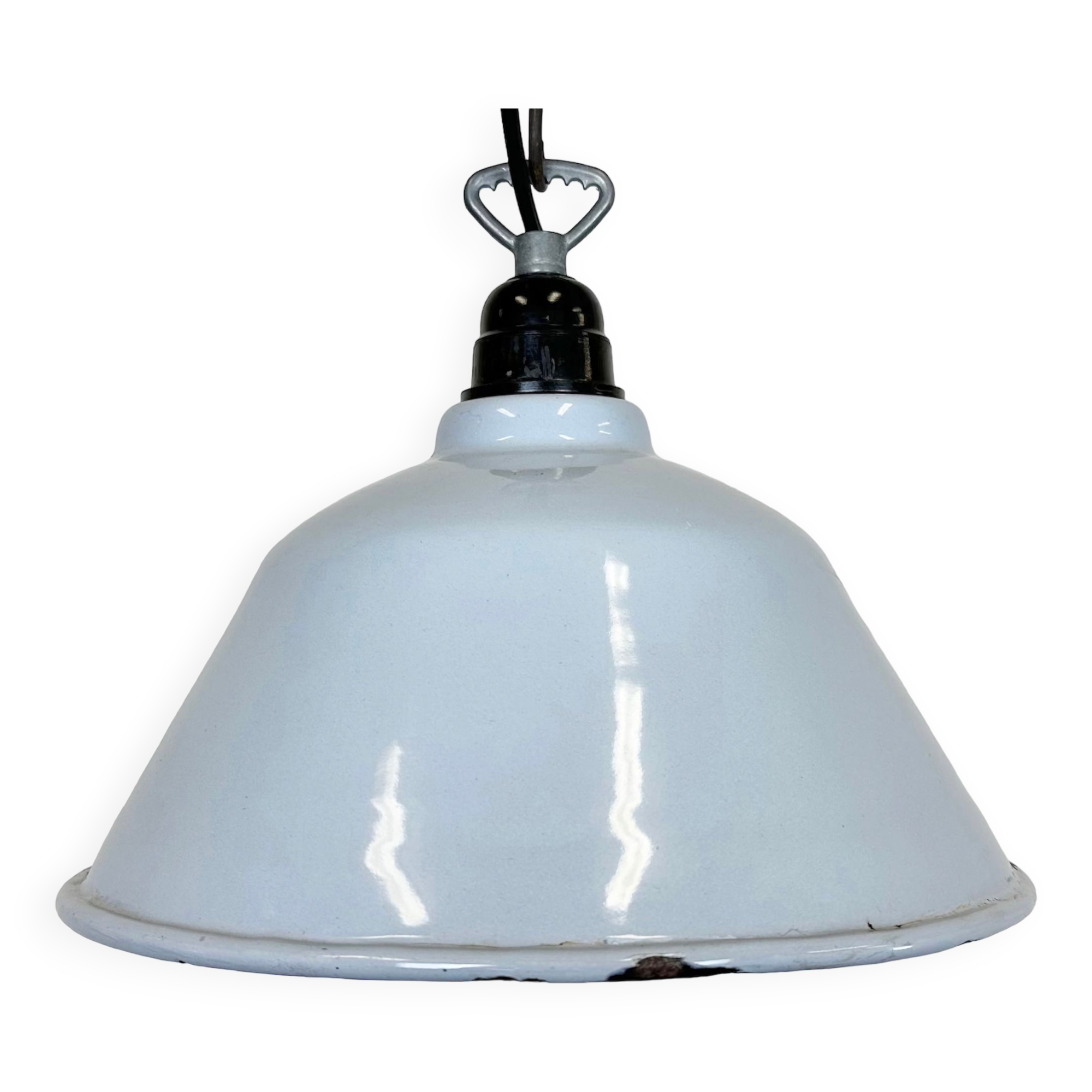 Industrial French Grey Enamel Factory Pendant Lamp, 1960s