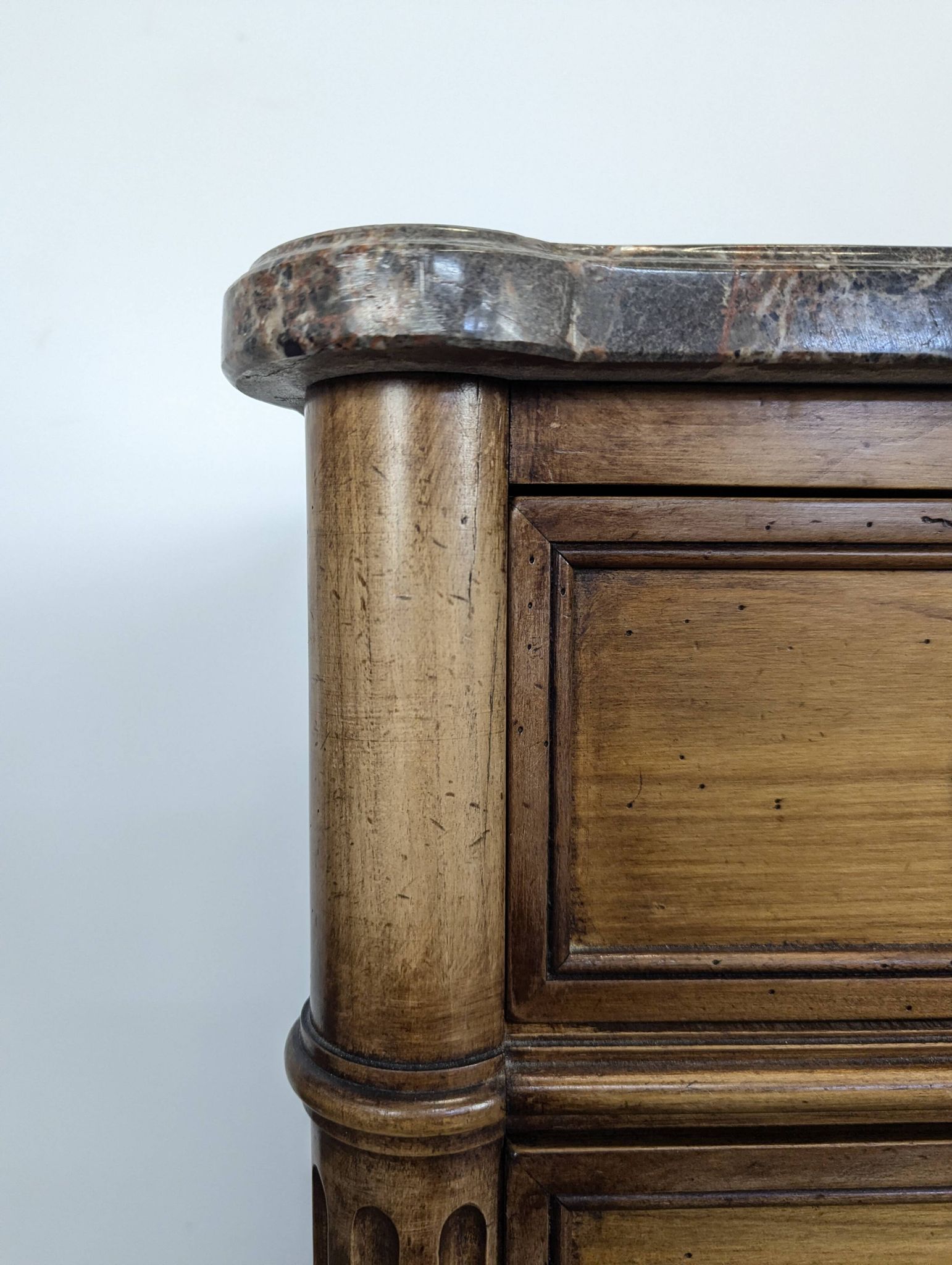 Louis XVI style chest of drawers in cherry wood with Pyrenean marble.