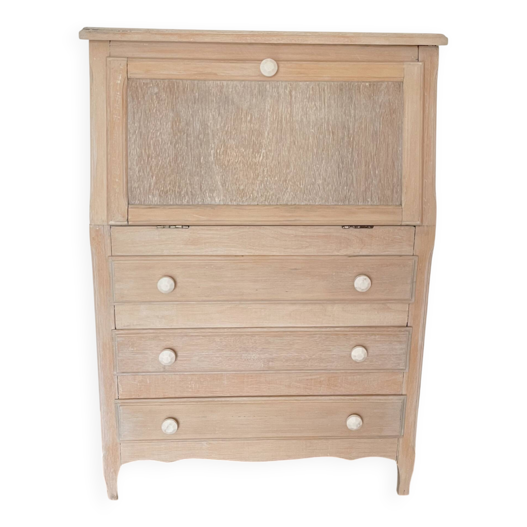 Antique donkey back secretary, white patina with a ceruse effect