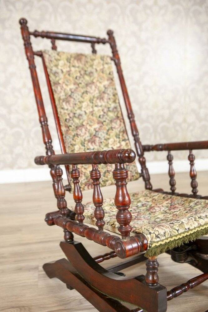 Antique Spring Rocking Chair in Floral Fabric, 1890s