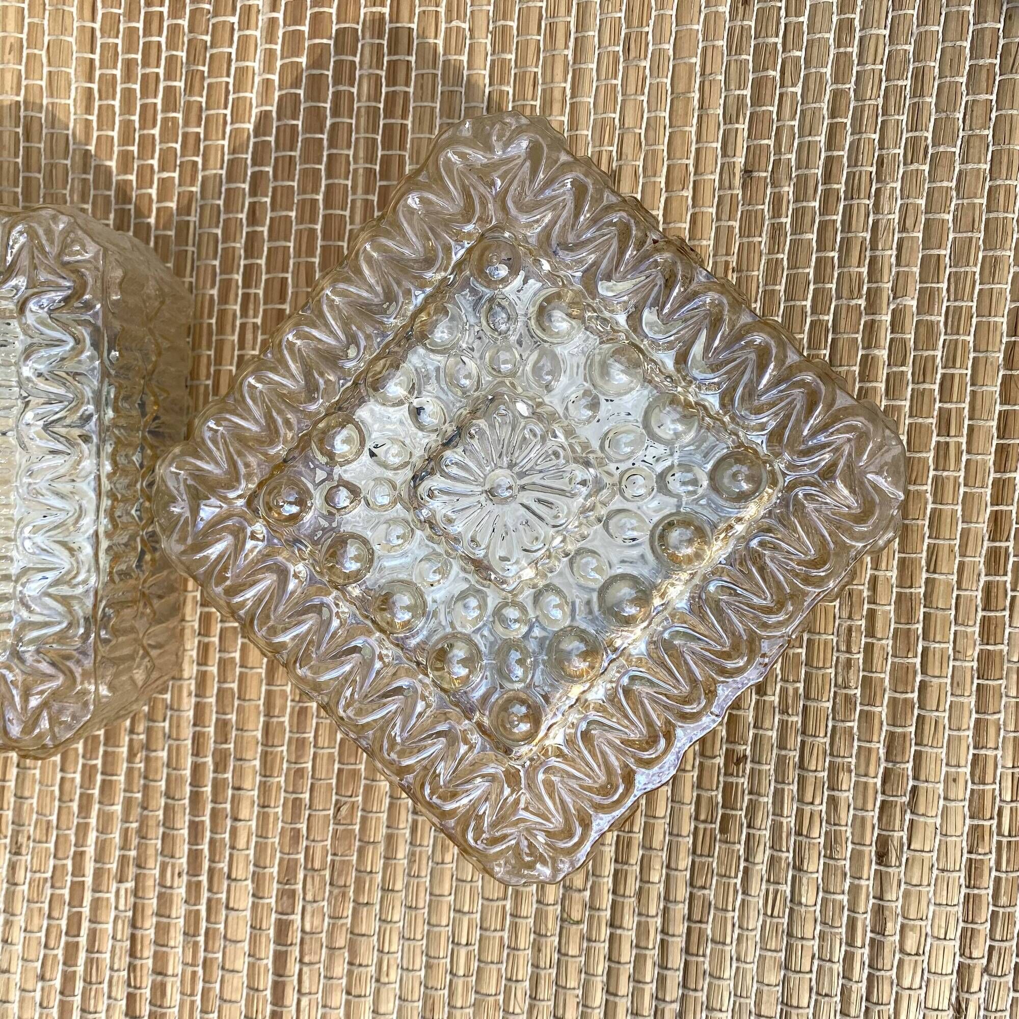 2 square ceiling lights in amber glass, 70s-80s