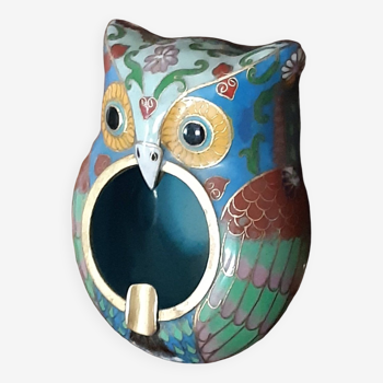Owl pocket ashtray in bronze and cloisonné enamel