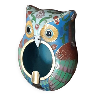 Owl pocket ashtray in bronze and cloisonné enamel