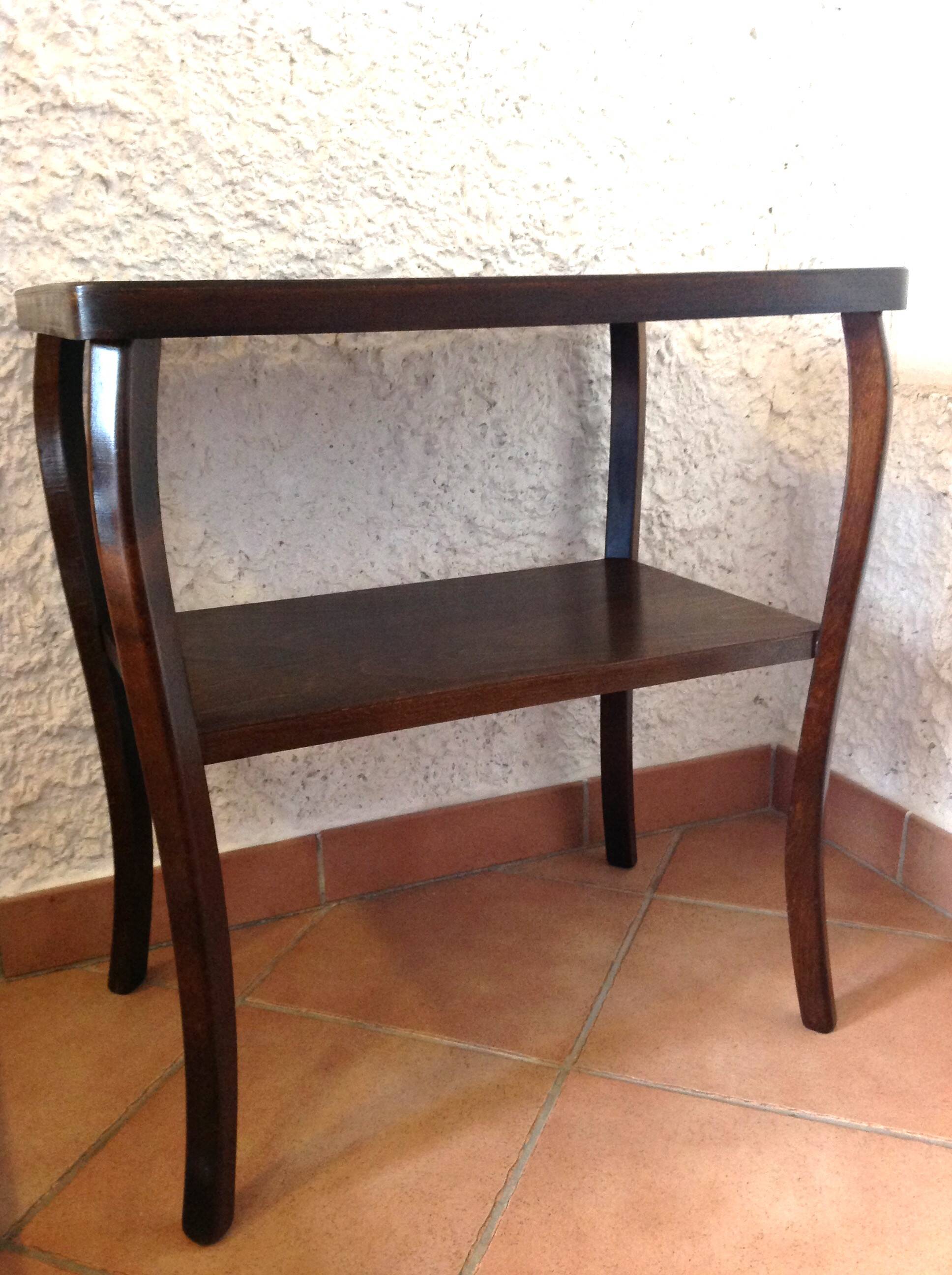 Varnished wooden stand with two shelves and curved legs / 50s-60s
