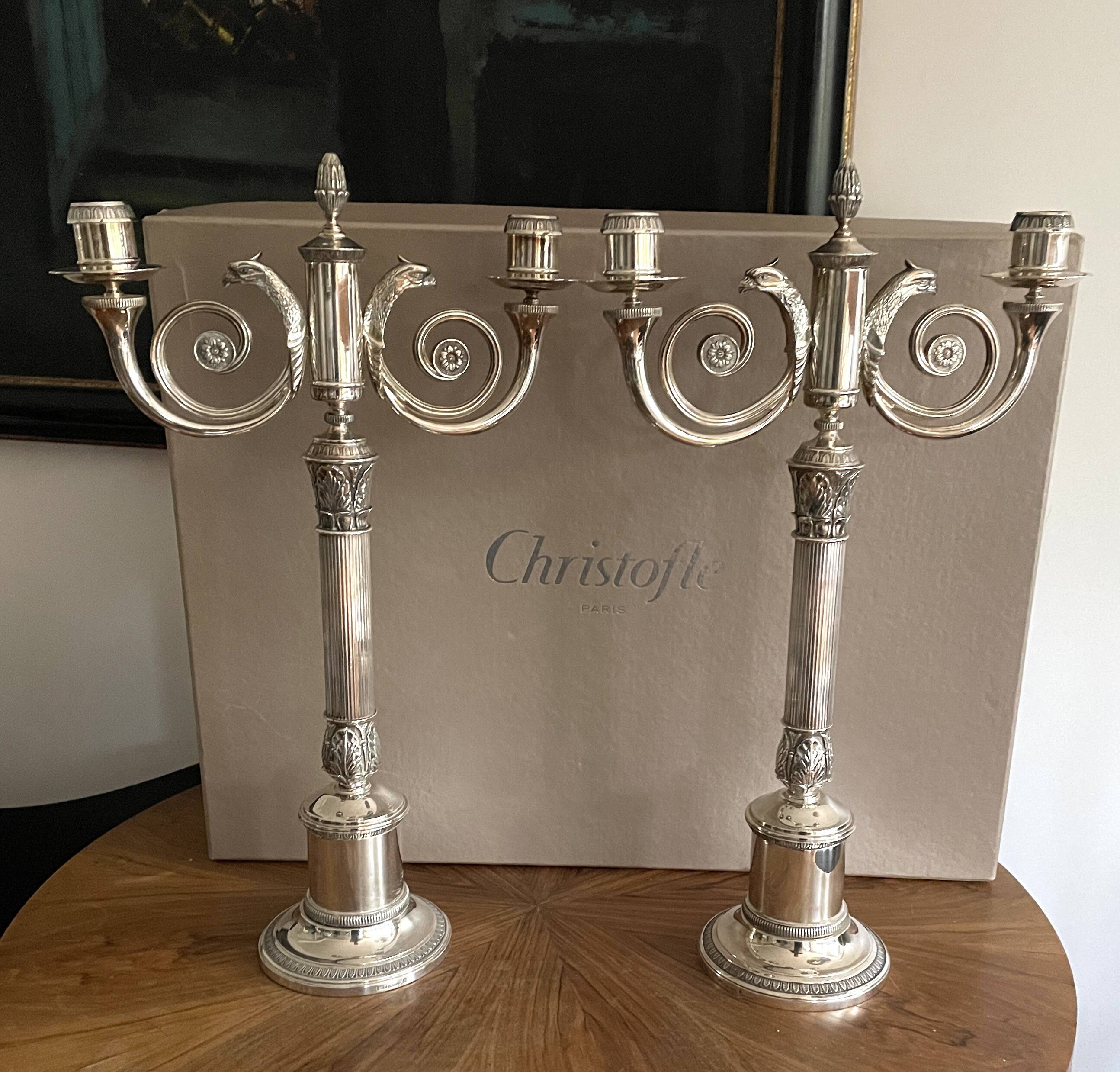 Christofle. Pair of candlesticks, Candelabras, Candlesticks in silver metal. Malmaison model. (New)