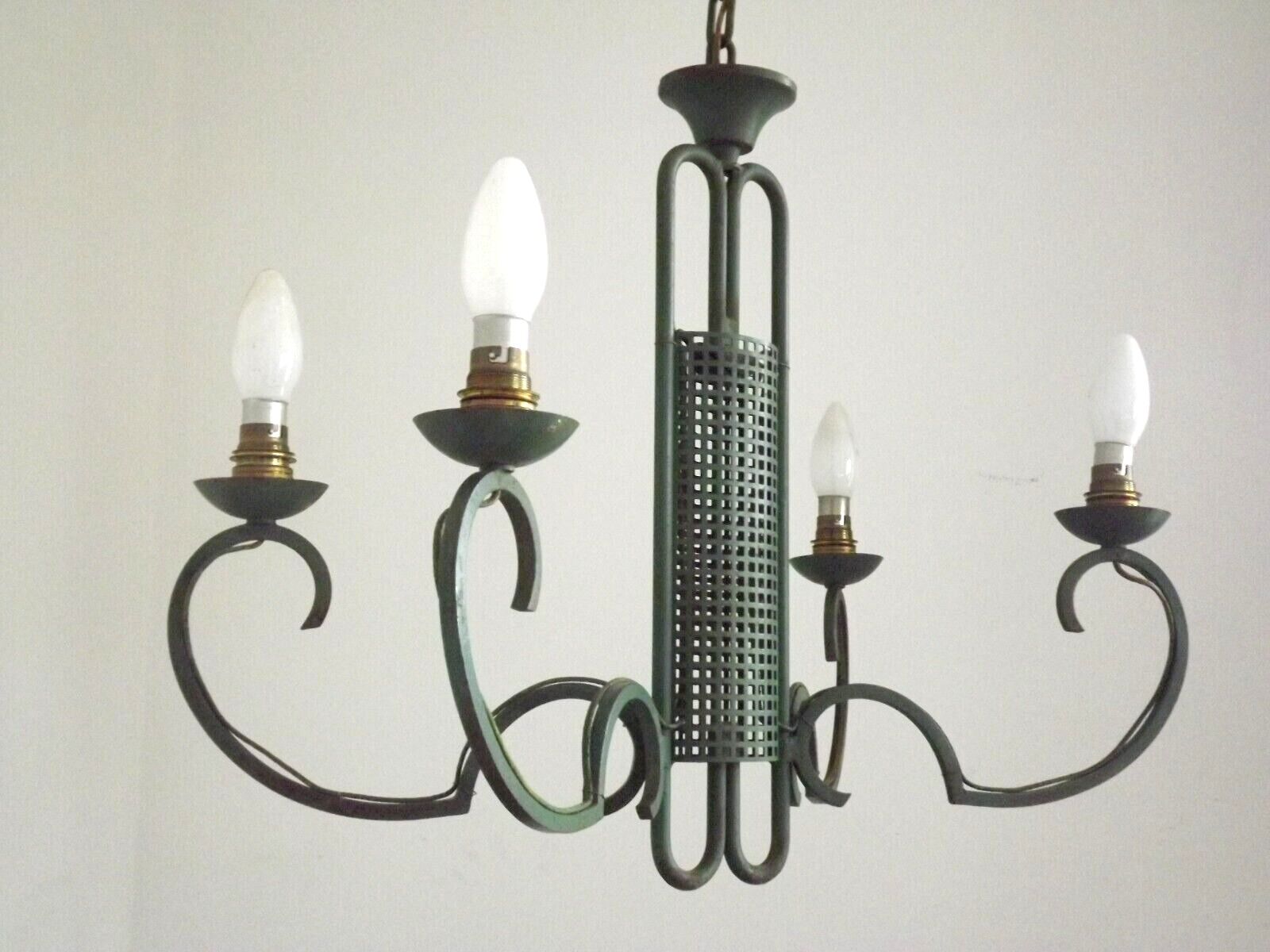 Green iron 4 light chandelier with scrolled arms