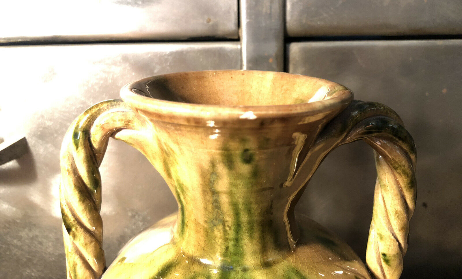 Handled vase in enameled ceramic, stamp to identify