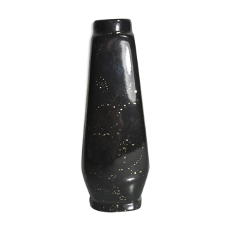 Vase ancien soliflore en céramique émaillé noire & dorée signé vintage